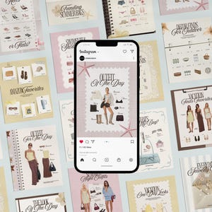 Może przedstawiać: Smartfon wyświetla post na Instagramie zatytułowany "Outfit of the Day", otoczony ilustracjami mody. Tło zawiera różne wydruki związane z modą, w tym "Amazon Favorites" i "Trending Summer Bags".