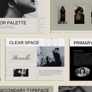 May include: Brand guidelines document with a black and white color scheme. The document includes sections on color palette, clear space, primary typeface, and secondary typeface. The document also includes images of a woman wearing a black blazer and a woman wearing a black dress.