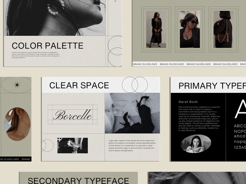 May include: Brand guidelines document with a black and white color scheme. The document includes sections on color palette, clear space, primary typeface, and secondary typeface. The document also includes images of a woman wearing a black blazer and a woman wearing a black dress.
