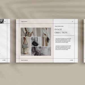 May include: A brand guide for a fashion studio with a collage of images featuring handbags and clothing. The text "Image Direction" is featured in the guide.