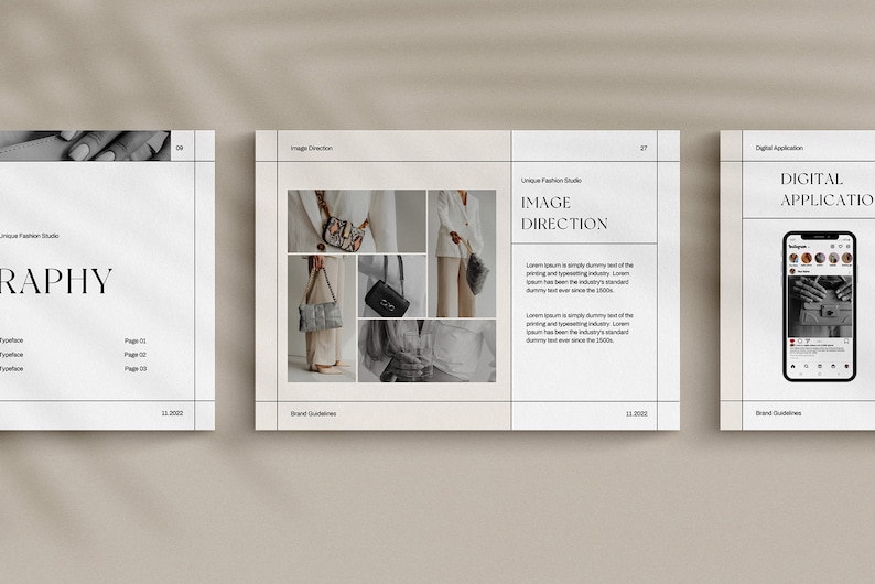 May include: A brand guide for a fashion studio with a collage of images featuring handbags and clothing. The text "Image Direction" is featured in the guide.