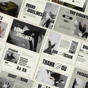May include: Brand guidelines presentation with black and white photography and text in a modern, minimalist style. The presentation includes sections on brand goals, logo variants, typography, and packaging.