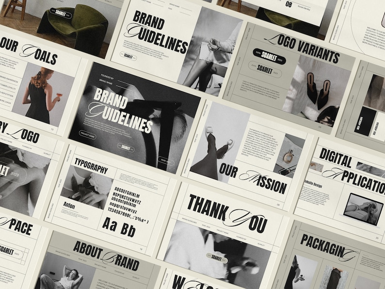 May include: Brand guidelines presentation with black and white photography and text in a modern, minimalist style. The presentation includes sections on brand goals, logo variants, typography, and packaging.