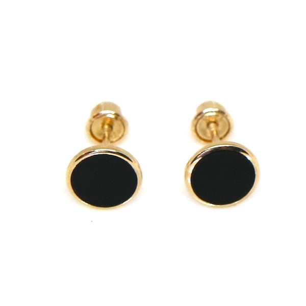 Delicate 14K Solid Yellow Gold Round Black Enamel Earrings