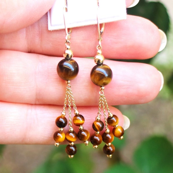 Eye-Catching 14K Solid Yellow Gold Round Natural Tiger's Eye Gemstones Dangle Earrings With Fleur-De-Lis/ Classic Lever Backs