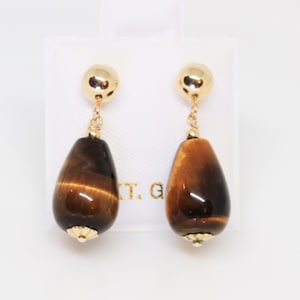Delicate 14K Solid Yellow Gold 12X8mm Natural Tiger&#39;s Eye Teardrop Earrings