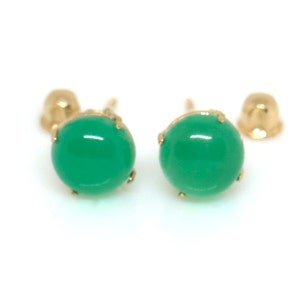 Delicate 14K Solid Yellow Gold 6mm Natural Green Onyx Stud Screw Back Earrings