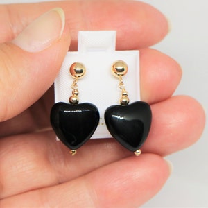 Beautiful 14K Solid Yellow Gold Heart Natural Onyx Earrings With Butterfly Backs