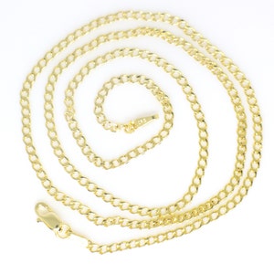 14K Solid Yellow Gold 2mm Wide Traditional Cuban Hollow Chain With Lobster Claw