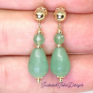 Delicate 14K Solid Yellow Gold 12X8mm Natural Faceted Light Green Aventurine Teardrop Earrings