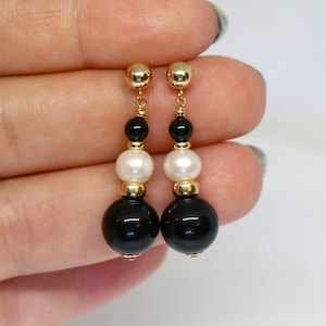Handmade 14K Gold Onyx & Freshwater Pearl Drop Earrings