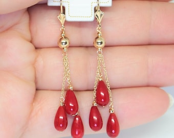 Gorgeous 14K Solid Yellow Gold Cable Chain Natural Teardrop Red Coral Dangle Earrings