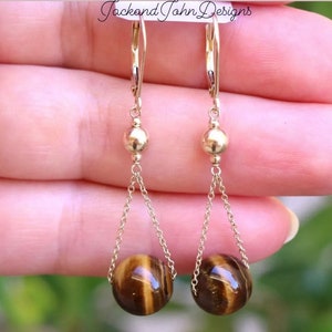 Beautiful 14K Solid Yellow Gold Dangle Earrings With Natural Tiger&#39;s Eye Stones