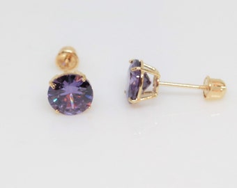 Shiny and Gorgeous 14K Solid Yellow Gold 5-6mm Lab-Created Amethyst Peridot Quartz Screw Back Stud Earrings