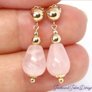 Delicate 14K Solid Yellow Gold 12X8mm Natural Rose Quartz Teardrop Earrings