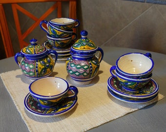 Set de café de cerámica vintage pintado a mano para 6 personas (12 piezas). Arte popular mexicano de talavera.