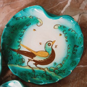 Puede incluir: Un plato de cer&aacute;mica de color turquesa con un centro blanco y un dise&ntilde;o pintado de un p&aacute;jaro con detalles en marr&oacute;n, amarillo y azul. El p&aacute;jaro est&aacute; rodeado de remolinos verdes y un fondo blanco.