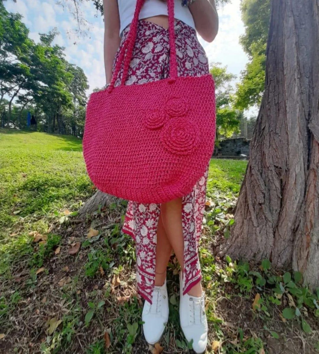 Pink Handmade Bag, Paper Yarn Bag, Summer Bag, Colorful