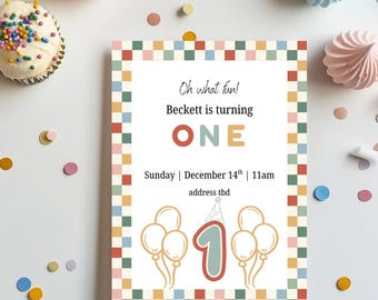 Fun to be One first birthday invitation, Full Customizable, Digital or Printed