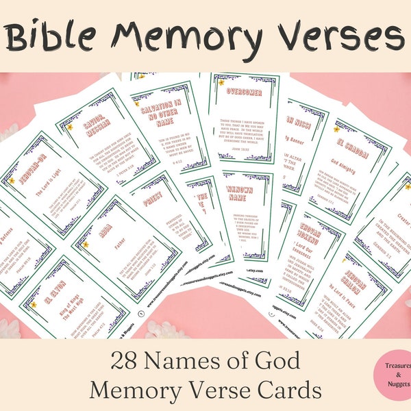 28 Names of God with Bible Verses, Memory Cards, Each Card is 3.5"x4.5", Printable Scripture Cards, Instant Download, PDF, Names of God