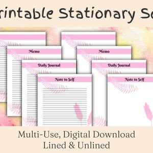 Pink Dreamy Stationery Set, Printable Lined Paper (PDF)