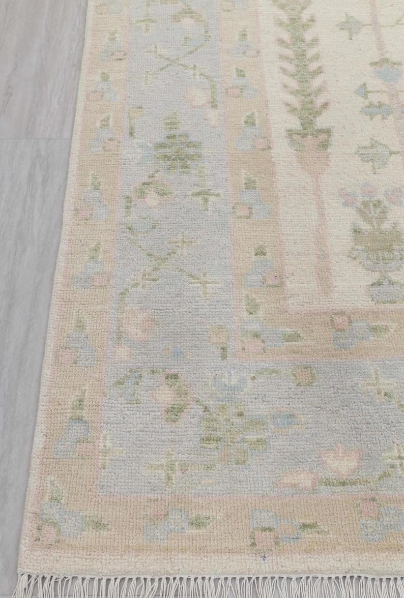 May include: A light blue and pink patterned rug with a fringe border. The rug has a floral design with green leaves and pink flowers.