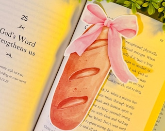 Coquette Bread Bookmark, Bread Lover Bookmarks, Italian Loaf Unique Gift, Baked Bread Baguette with Pink Bow, Foodie Artwork