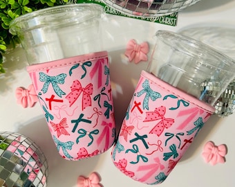 Pink Coquette Iced Coffee Sleeve, Girly Pink and Teal Holiday Drink Cover, Small/Medium Cup Sleeve, Fabric and Knot Bows Coffee Sleeves