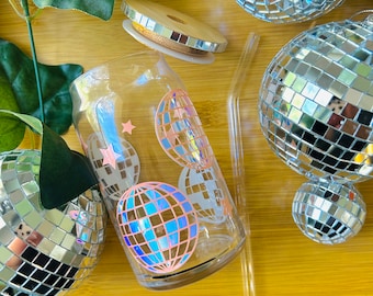 Disco Ball Glass Cup, Groovy 70s Glass Can Cup, Disco Ball Beer Glass, Groovy Bachelorette cups, Fun Drinking Glass, Unique Gifts for Her