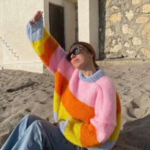 Colorful Striped Sweater, Crochet Sweater, Hand Knitted Warm Sweater, Oversize Sweater, Unisex Sweater, Multi Colored Sweater