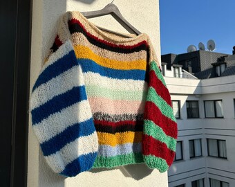 Colorful Striped Sweater, Crochet Sweater, Hand Knitted Warm Sweater, Oversize Sweater, Unisex Sweater, Multi Colored Sweater