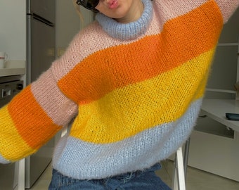 Colorful Striped Sweater, Crochet Sweater, Hand Knitted Warm Sweater, Oversize Sweater, Unisex Sweater, Multi Colored Sweater