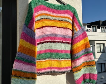 Kleurrijk gestreepte trui, gehaakte trui, handgebreide warme trui, oversized trui, unisex trui, veelkleurige trui
