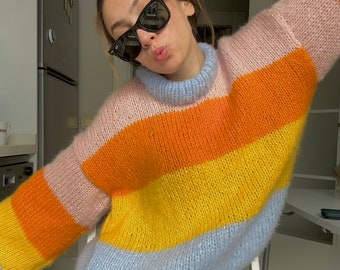 Colorful Striped Sweater, Crochet Sweater, Hand Knitted Warm Sweater, Oversize Sweater, Unisex Sweater, Multi Colored Sweater