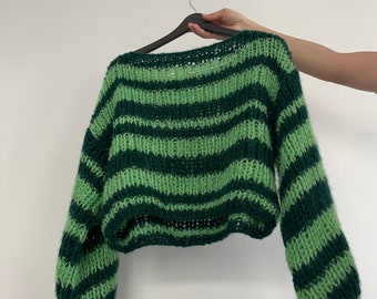 Crochet Sweater, Green Striped Sweater, Hand Knitted Warm Sweater, Oversize Sweater, Unisex Sweater, Multi Colored Sweater
