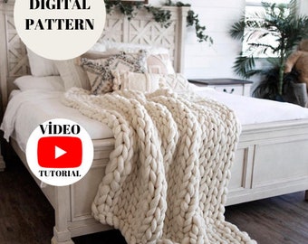 Chunky Knit Blanket Pattern, Chunky Blanket Pattern, Big Blanket, Afghan, Throw, Do It Yourself, Knitting Pattern With Video