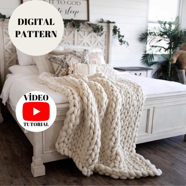 Chunky Knit Blanket Pattern, Chunky Blanket Pattern, Big Blanket, Afghan, Throw, Do It Yourself, Knitting Pattern With Video