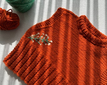 Knit Vest, orange embroidered vest, orange vest, floral embroidered vest, Knit wool vest, chunky knitwear