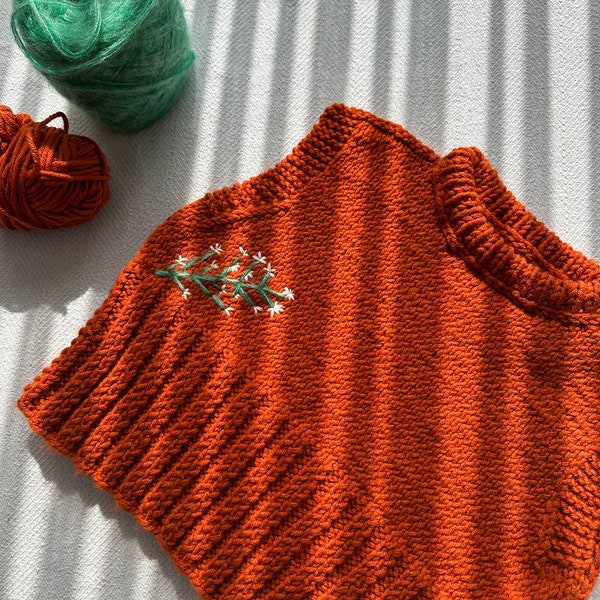 Gilet en tricot, gilet brodé orange, gilet orange, gilet brodé floral, gilet en laine tricoté, gros pulls