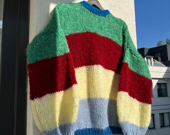 Colorful Striped Sweater, Crochet Sweater, Hand Knitted Warm Sweater, Oversize Sweater, Unisex Sweater, Multi Colored Sweater