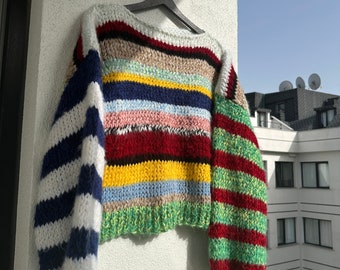 Colorful Striped Sweater, Crochet Sweater, Hand Knitted Warm Sweater, Oversize Sweater, Unisex Sweater, Multi Colored Sweater