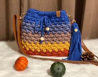 Handmade crochet bag colorful T- shirt yarn