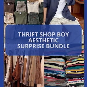 Puede incluir: Lote de ropa estética con una variedad de artículos. La imagen muestra camisetas, pantalones y camisas dobladas en varios colores, incluyendo marrón, verde y beige. El texto en la imagen dice "Thrift Shop Boy Aesthetic Surprise Bundle."