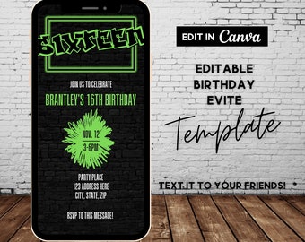 Editable Birthday Evite, Sixteen, ANY AGE, Graffiti Birthday Invitation, Glow, Neon, Text Invitation, Editable Invitation Template