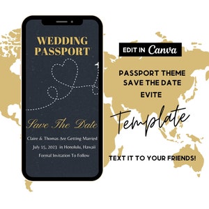 Passport Save The Date Evite, Editable Save The Date, Destination Wedding Save The Date, Canva Template