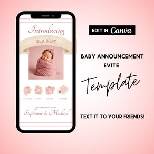 Anúncio digital de bebê, anúncio de recém-nascido Evite, cartão de anúncio de nascimento, cartão de boas-vindas para bebê, anúncio de bebê rosa, modelo