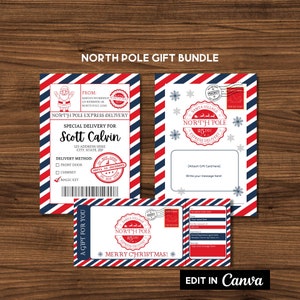 Pacchetto Babbo Natale modificabile, Etichetta di spedizione della posta di Babbo Natale, Titolare della carta regalo del Polo Nord, Certificato regalo di Babbo Natale, Voucher regalo di Babbo Natale, stampabile