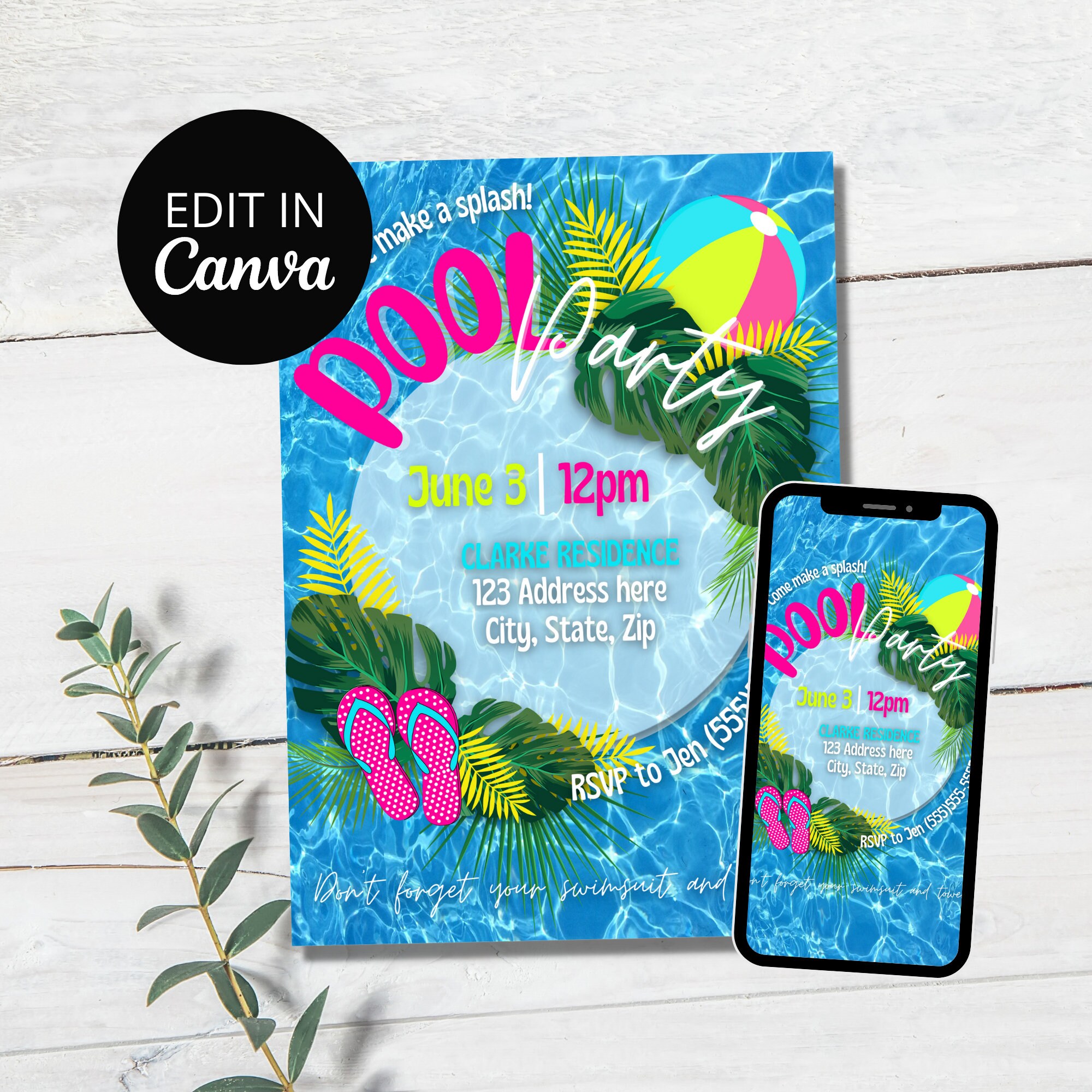 Pool Party Invite, Summer Party Invite, Tropical Theme Party, Pool ...