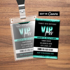 Teal VIP Pass Party Invitation, VIP Insert for Lanyard, VIP Pass Invitation, Vip Birthday Invitation, Printable Vip Pass, Editable, Template