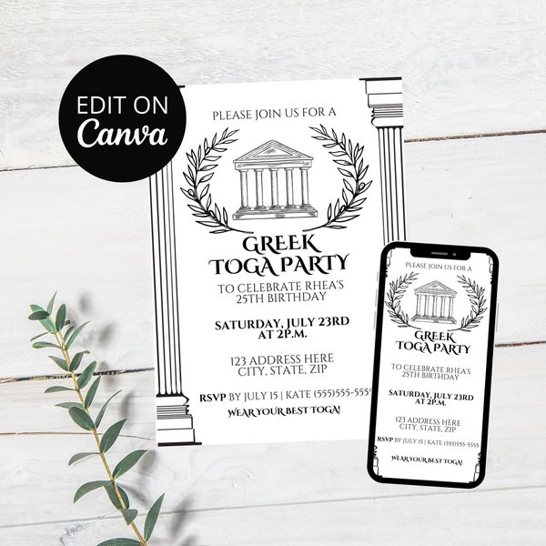 Editable Greek Toga Party Invitation, Toga Costume Party Evite, Ancient Rome Themed Birthday Party, Adult Party, Greek Gods, Template